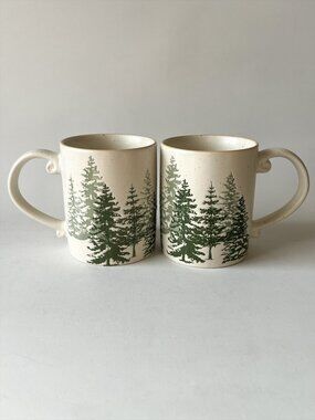 Set of 2 Eli + Ana Evergreen Forest Ceramic Mugs Ivory Green Speckle Glaze 14oz